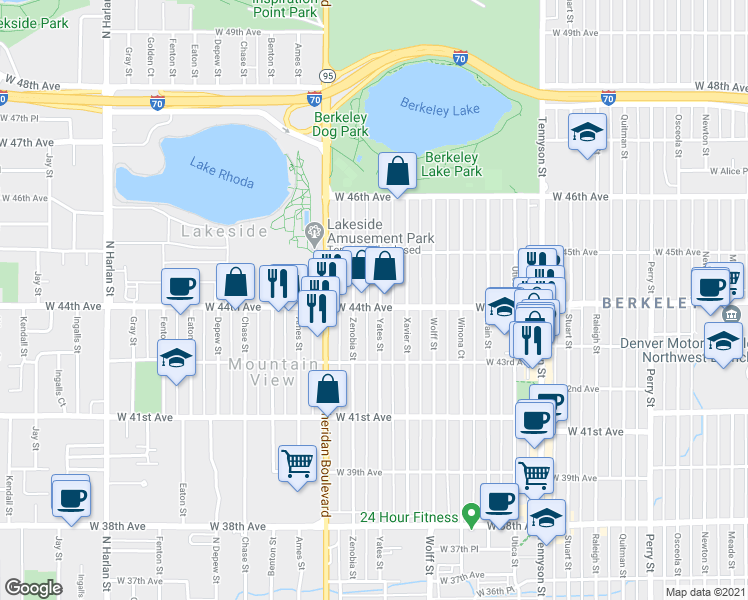 map of restaurants, bars, coffee shops, grocery stores, and more near 4421 Yates Street in Denver