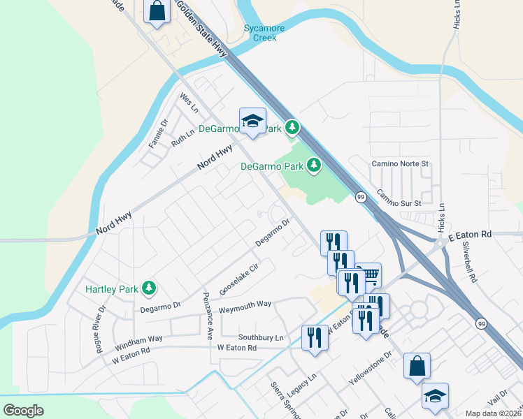 map of restaurants, bars, coffee shops, grocery stores, and more near 3375 Bodero Lane in Chico
