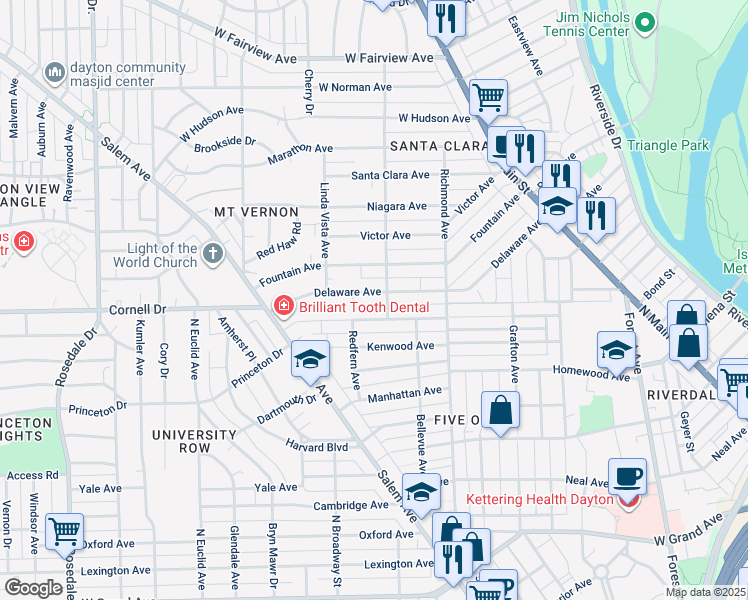 map of restaurants, bars, coffee shops, grocery stores, and more near 364 Delaware Avenue in Dayton
