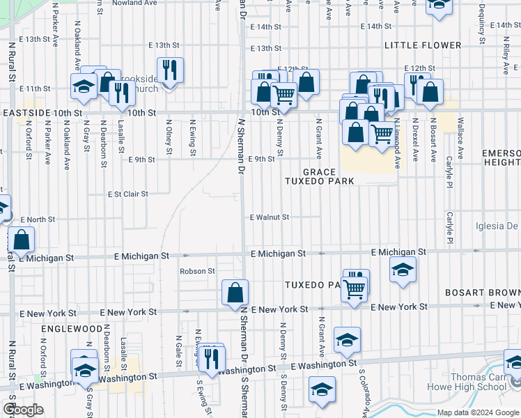 map of restaurants, bars, coffee shops, grocery stores, and more near 720 North Bradley Avenue in Indianapolis