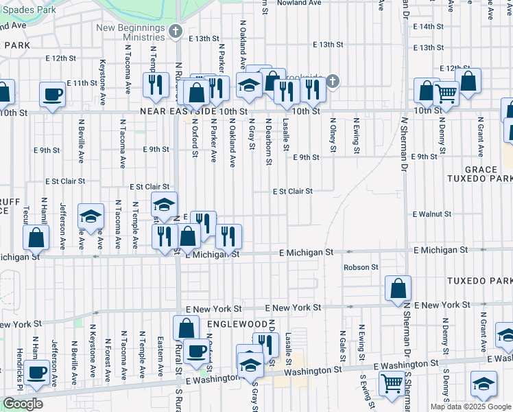 map of restaurants, bars, coffee shops, grocery stores, and more near 624 North Gray Street in Indianapolis