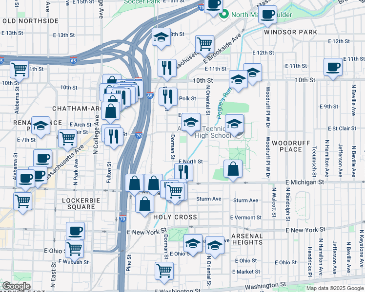 map of restaurants, bars, coffee shops, grocery stores, and more near 710 North Highland Avenue in Indianapolis