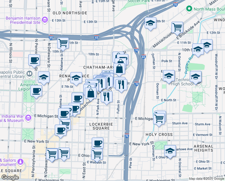 map of restaurants, bars, coffee shops, grocery stores, and more near 705 North College Avenue in Indianapolis