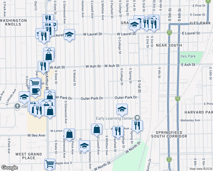 map of restaurants, bars, coffee shops, grocery stores, and more near 2152 South Whittier Avenue in Springfield