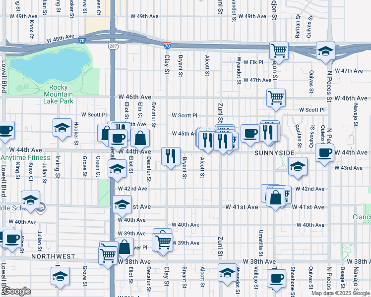 map of restaurants, bars, coffee shops, grocery stores, and more near 2539 West 44th Avenue in Denver