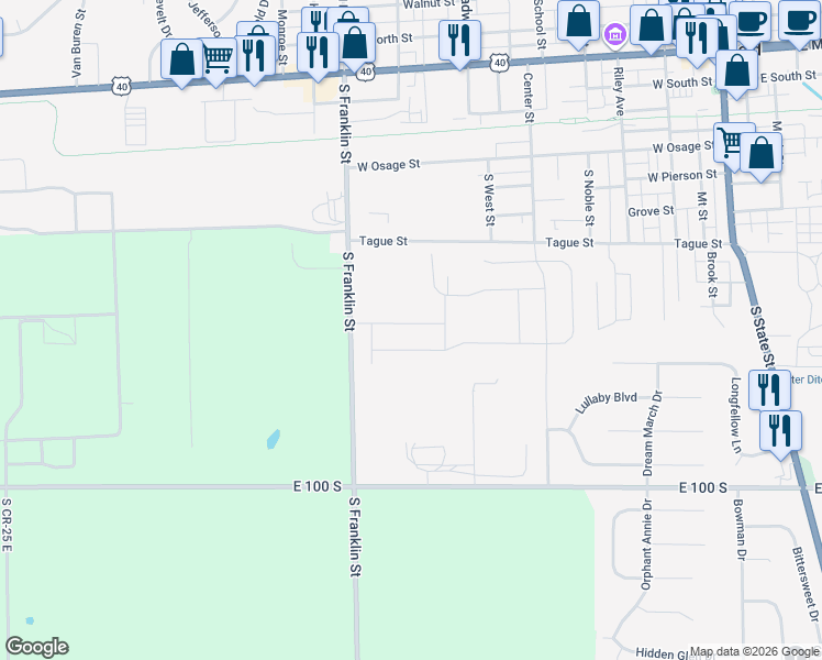 map of restaurants, bars, coffee shops, grocery stores, and more near 785 South Franklin Street in Greenfield