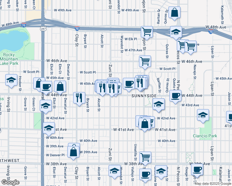map of restaurants, bars, coffee shops, grocery stores, and more near 4423 Wyandot Street in Denver