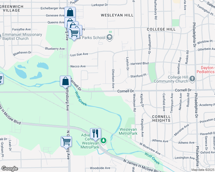 map of restaurants, bars, coffee shops, grocery stores, and more near 3606 Stanford Place in Dayton