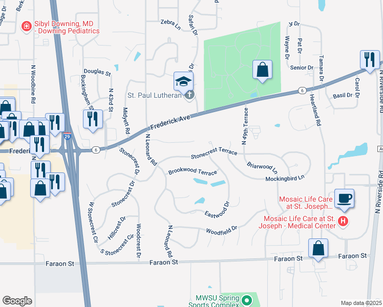 map of restaurants, bars, coffee shops, grocery stores, and more near 4619 Stonecrest Terrace in Saint Joseph