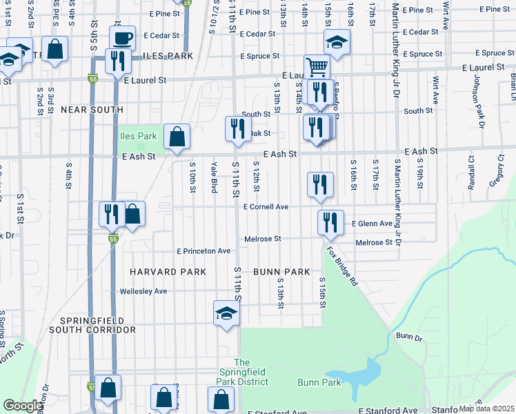 map of restaurants, bars, coffee shops, grocery stores, and more near 1201 East Cornell Avenue in Springfield