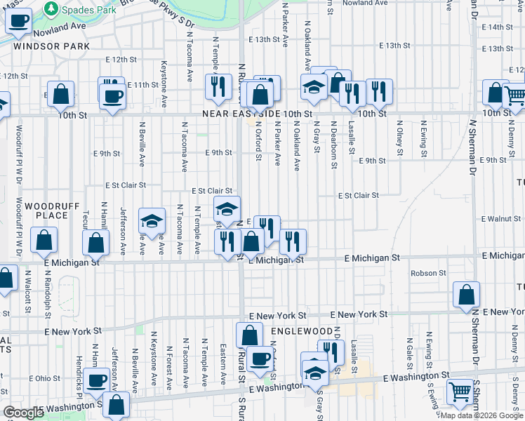 map of restaurants, bars, coffee shops, grocery stores, and more near 621 North Oxford Street in Indianapolis