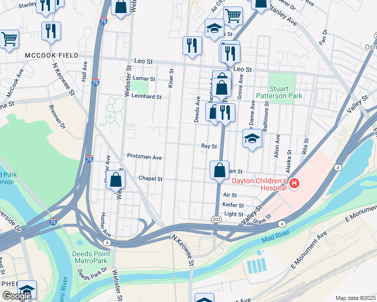 map of restaurants, bars, coffee shops, grocery stores, and more near 1242 Ray Street in Dayton