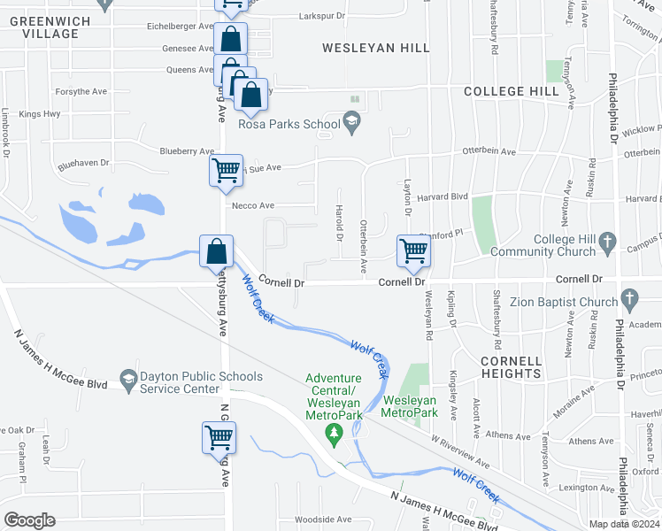 map of restaurants, bars, coffee shops, grocery stores, and more near 3630 Stanford Pl in Dayton
