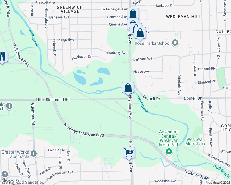 map of restaurants, bars, coffee shops, grocery stores, and more near 4095 Little Richmond Road in Dayton