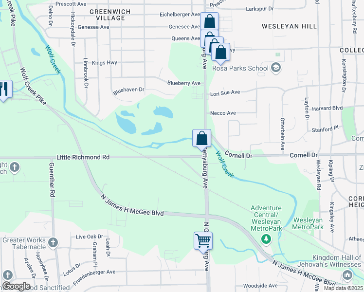 map of restaurants, bars, coffee shops, grocery stores, and more near 4095 Little Richmond Road in Dayton