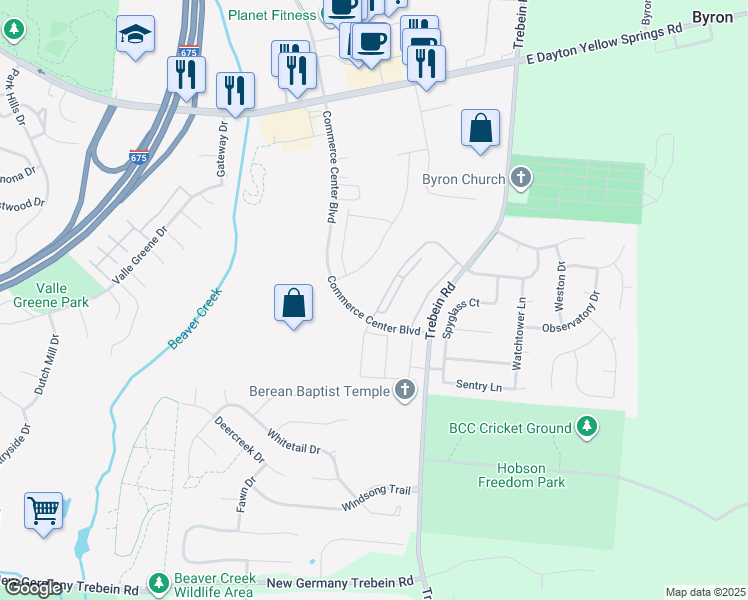 map of restaurants, bars, coffee shops, grocery stores, and more near 2325 Long Vista Lane in Fairborn