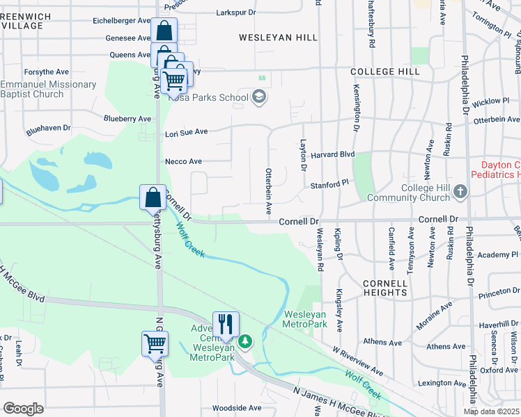 map of restaurants, bars, coffee shops, grocery stores, and more near 3606 Stanford Place in Dayton