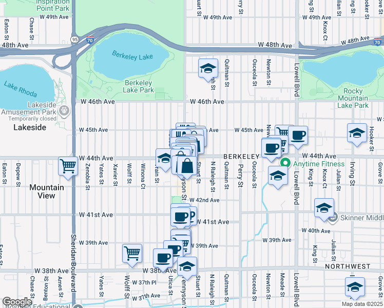 map of restaurants, bars, coffee shops, grocery stores, and more near 4329 West 44th Avenue in Denver