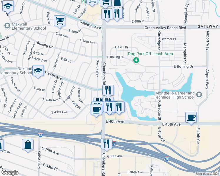 map of restaurants, bars, coffee shops, grocery stores, and more near 4650 Chambers Road in Denver
