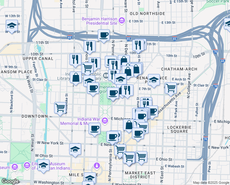 map of restaurants, bars, coffee shops, grocery stores, and more near 701 North Pennsylvania Street in Indianapolis