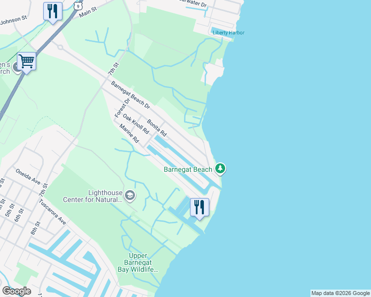 map of restaurants, bars, coffee shops, grocery stores, and more near 112 Barnegat Beach Drive in Ocean Township