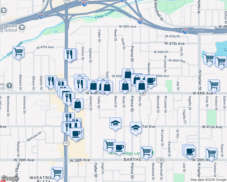 map of restaurants, bars, coffee shops, grocery stores, and more near 7005 West 44th Avenue in Wheat Ridge