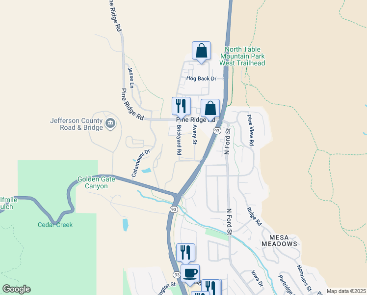map of restaurants, bars, coffee shops, grocery stores, and more near 1213 Brickyard Road in Golden