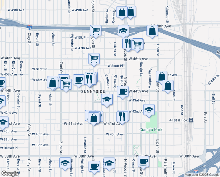 map of restaurants, bars, coffee shops, grocery stores, and more near 4422 Raritan Street in Denver