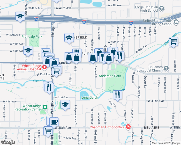 map of restaurants, bars, coffee shops, grocery stores, and more near 4345 Hoyt Street in Wheat Ridge