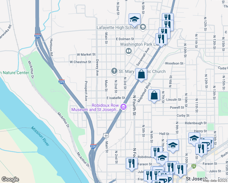 map of restaurants, bars, coffee shops, grocery stores, and more near 1322 North 2nd Street in Saint Joseph