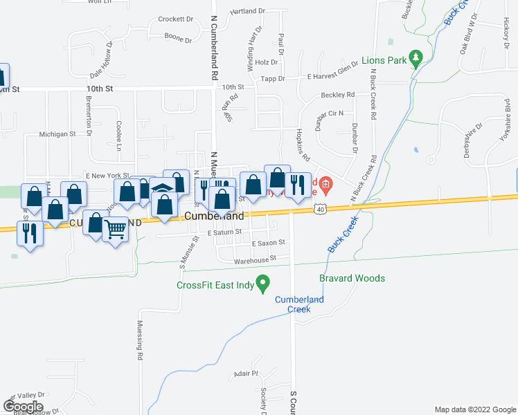 map of restaurants, bars, coffee shops, grocery stores, and more near 12014 East Washington Street in Indianapolis