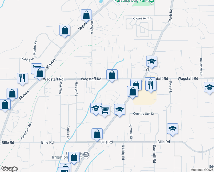 map of restaurants, bars, coffee shops, grocery stores, and more near 1344 Wagstaff Road in Paradise