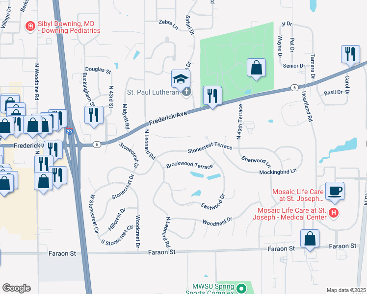 map of restaurants, bars, coffee shops, grocery stores, and more near 4619 Stonecrest Terrace in Saint Joseph