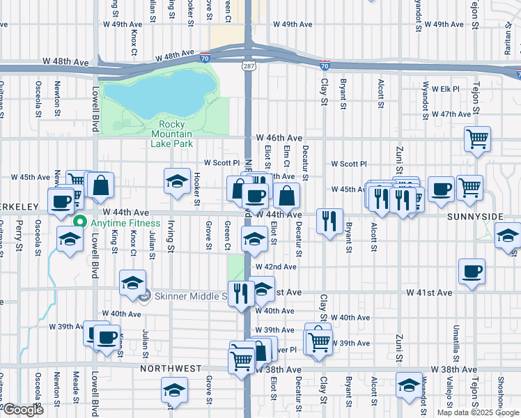 map of restaurants, bars, coffee shops, grocery stores, and more near 2895 West 44th Avenue in Denver