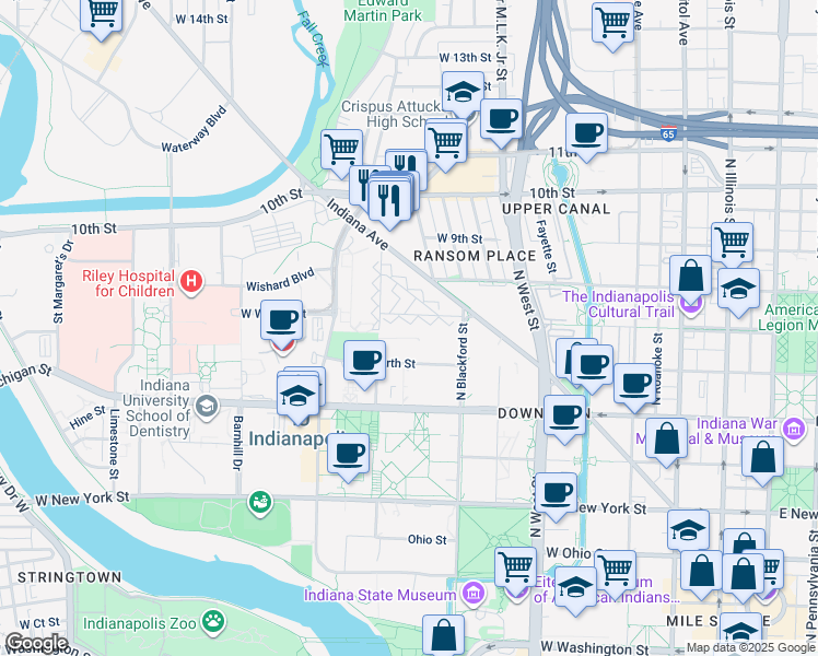 map of restaurants, bars, coffee shops, grocery stores, and more near 805 West Walnut Street in Indianapolis
