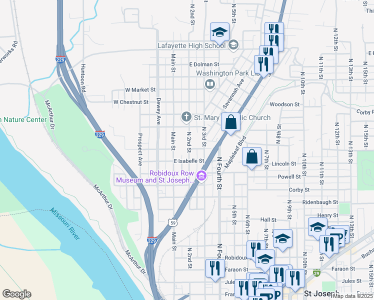 map of restaurants, bars, coffee shops, grocery stores, and more near 1322 North 2nd Street in Saint Joseph