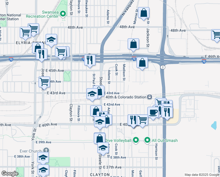 map of restaurants, bars, coffee shops, grocery stores, and more near 4325 Adams Street in Denver