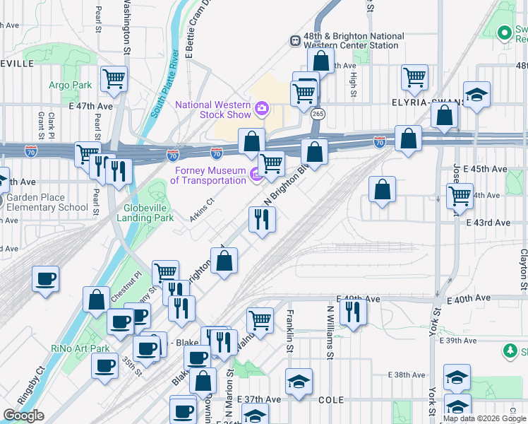 map of restaurants, bars, coffee shops, grocery stores, and more near 4290 Brighton Boulevard in Denver