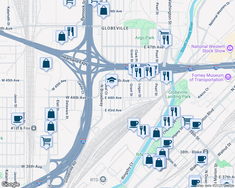 map of restaurants, bars, coffee shops, grocery stores, and more near 4417 Sherman Street in Denver