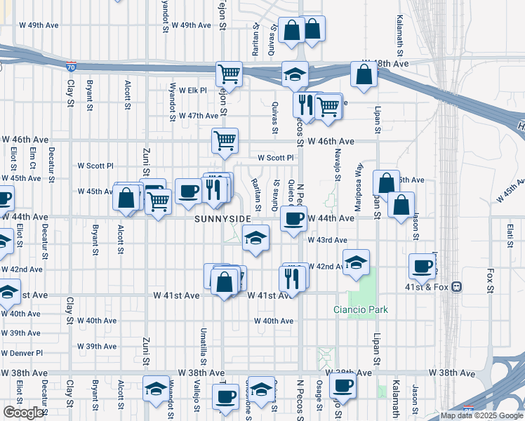 map of restaurants, bars, coffee shops, grocery stores, and more near 4422 Raritan Street in Denver