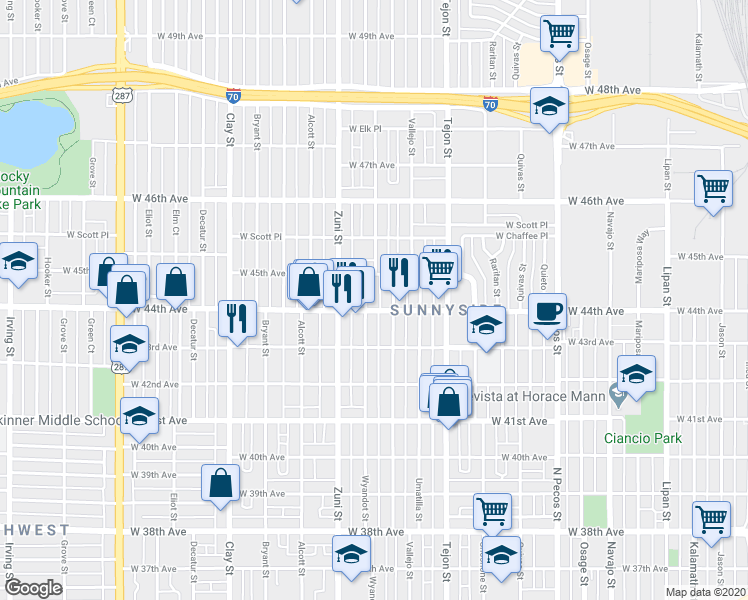 map of restaurants, bars, coffee shops, grocery stores, and more near 4423 Wyandot Street in Denver