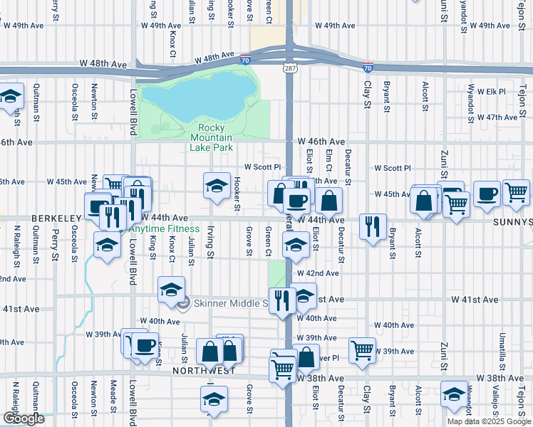 map of restaurants, bars, coffee shops, grocery stores, and more near 3105 West 44th Avenue in Denver