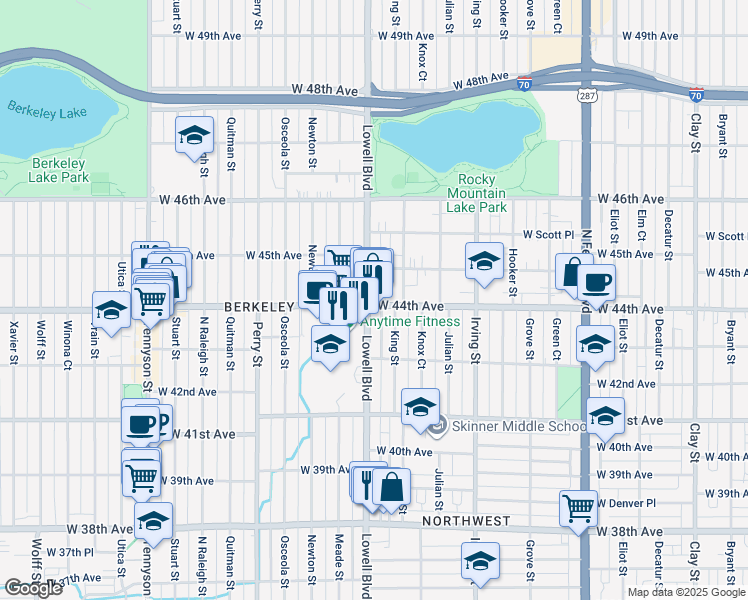 map of restaurants, bars, coffee shops, grocery stores, and more near 4408 Lowell Boulevard in Denver