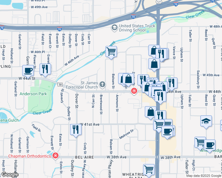 map of restaurants, bars, coffee shops, grocery stores, and more near 8151 West 44th Avenue in Wheat Ridge