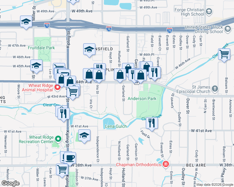 map of restaurants, bars, coffee shops, grocery stores, and more near 4345 Hoyt Street in Wheat Ridge