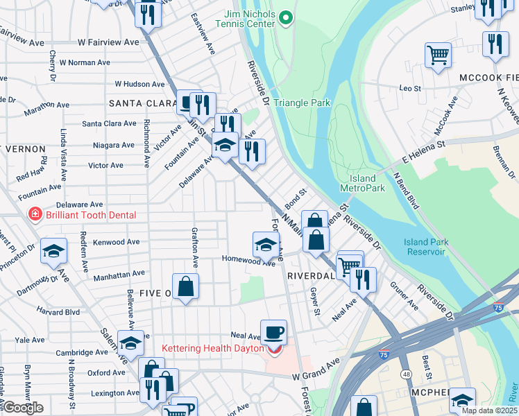map of restaurants, bars, coffee shops, grocery stores, and more near 30 West Mumma Avenue in Dayton