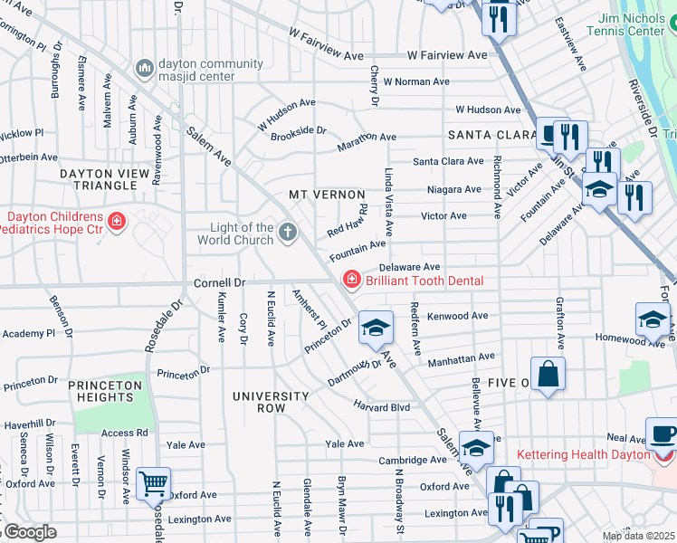 map of restaurants, bars, coffee shops, grocery stores, and more near 645 Delaware Avenue in Dayton