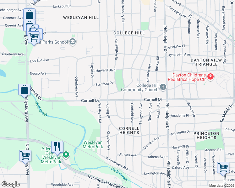 map of restaurants, bars, coffee shops, grocery stores, and more near 3228 Campus Drive in Dayton