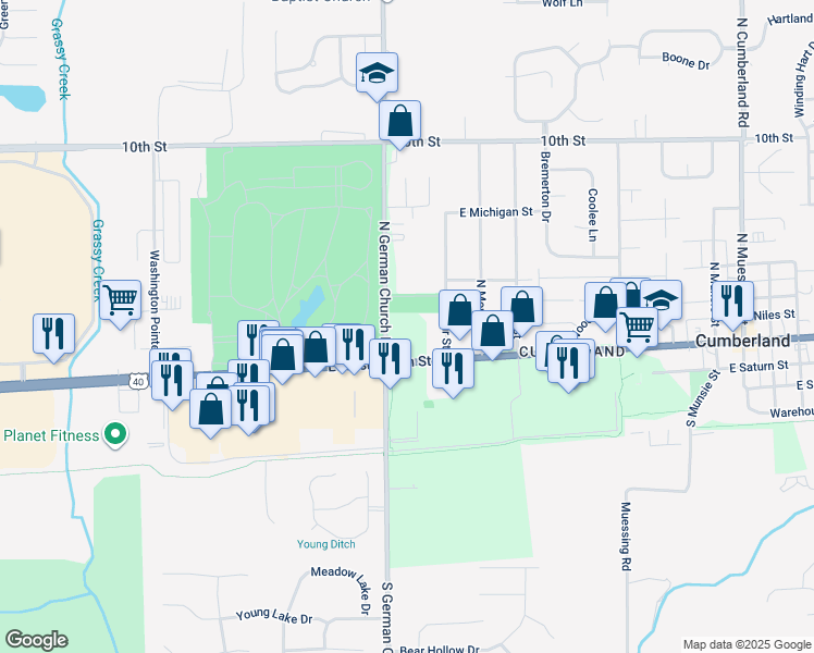 map of restaurants, bars, coffee shops, grocery stores, and more near 69 North German Church Road in Indianapolis