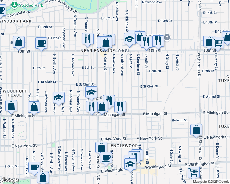 map of restaurants, bars, coffee shops, grocery stores, and more near 624 North Oakland Avenue in Indianapolis